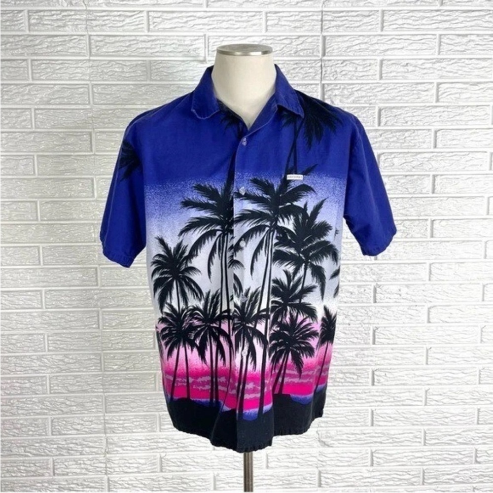 Windswept Bahamas Palm Tree Tropical Button Down Shirt Purple Blue Sunset Size L